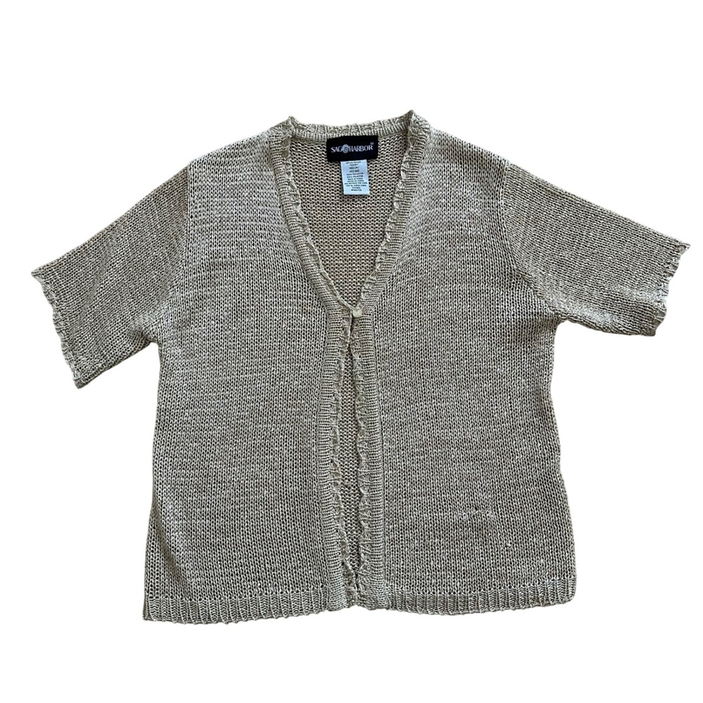 Sag Harbor Tan Open Weave Knit Short Sleeve Cardigan V-Neck Single Button Medium